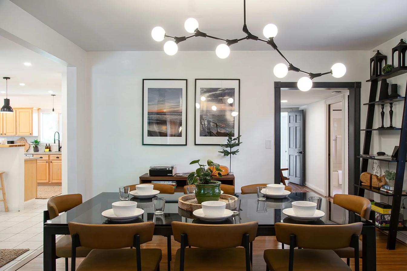 Dining room with table seating eight