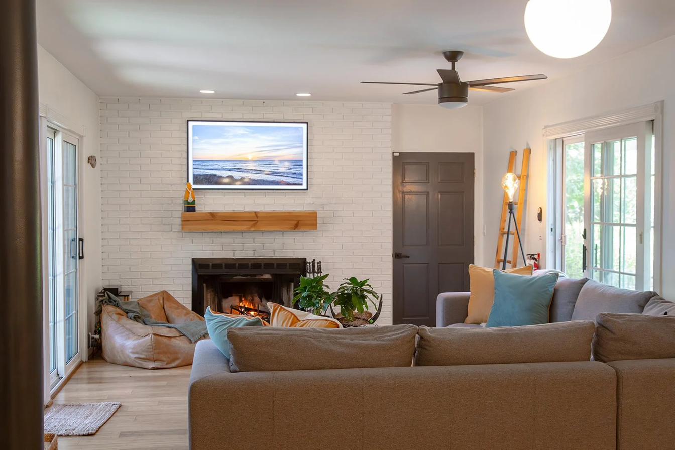 Wood-burning fireplace with fire lit